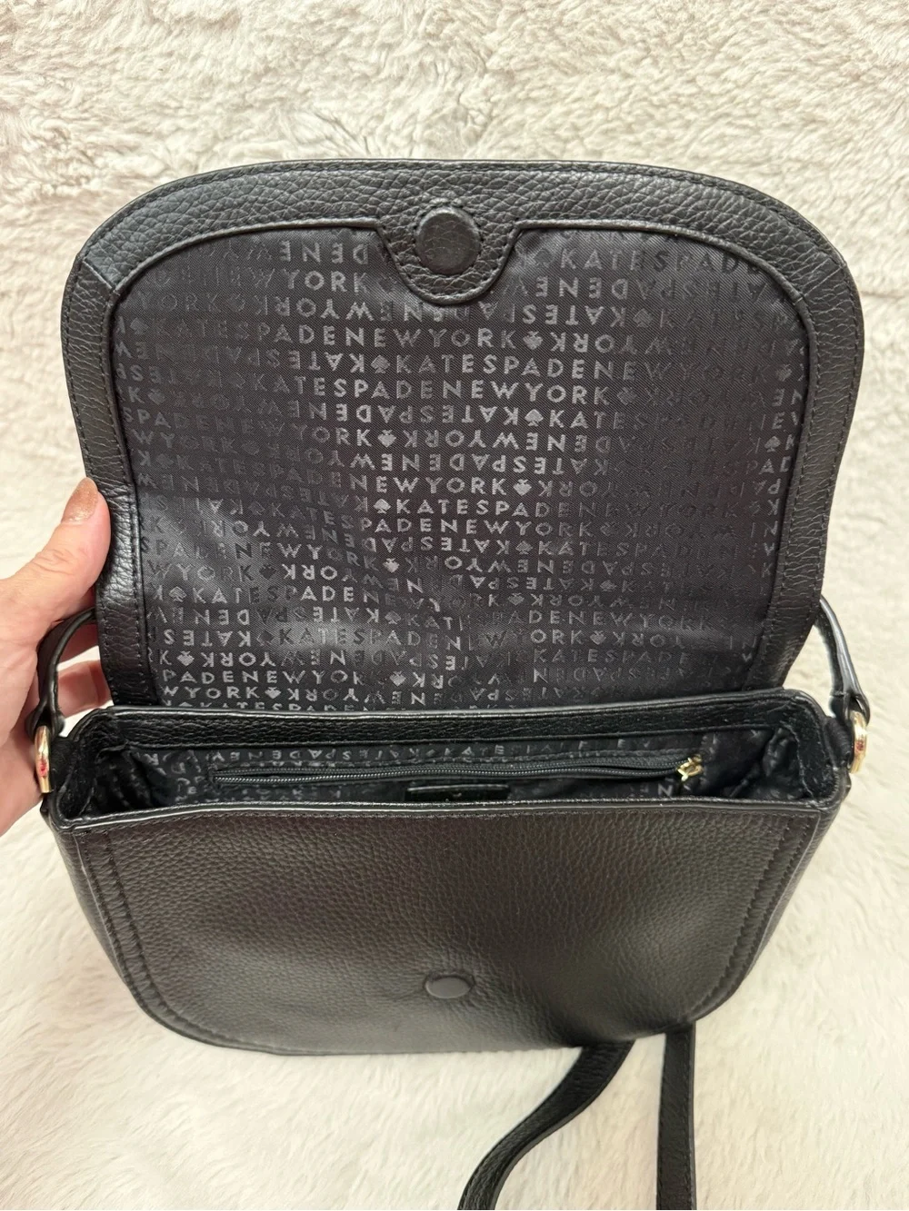 kate spade NY Black Pebbled Leather Flap Shoulder/Crossbody with Gold Logo